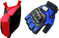 Gking Red & Black Bike Body Cover With Half Blue Probiker Full Gloves Combo
