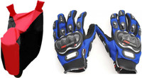 Gking Red & Black Bike Body Cover With Blue Probiker Full Gloves Combo