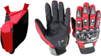 Gking Red & Black Bike Body Cover With Red Probiker Full Gloves Combo