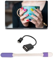 Skin Yard Girl holds Cup with Coloured Nail Polish Sparkle Laptop Skin with USB LED Light & OTG Cable - 15.6 Inch Combo Set   Laptop Accessories  (Skin Yard)