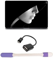 Skin Yard Beautiful Black & White Girl Laptop Skin -14.1 Inch with USB LED Light & OTG Cable (Assorted) Combo Set   Laptop Accessories  (Skin Yard)