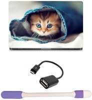 Skin Yard Blue Eyes Cat in Jeans Sparkle Laptop Skin -14.1 Inch with USB LED Light & OTG Cable (Assorted) Combo Set   Laptop Accessories  (Skin Yard)