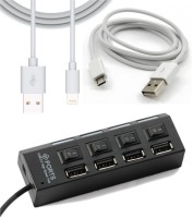 View FineArts 3in1 Combo of 4 Port USB 2.0 High Speed LED USB Hub Sharing With Separate Power On/Off Switch Compatible with USB 1.0 For PC, Laptop, Computer, Mobile with High Quality Micro Usb and iPhone Charging Cable Combo Set Laptop Accessories Price Online(FineArts)