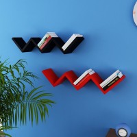 View Decorasia W Shape Mount Book Wooden Wall Shelf(Number of Shelves - 6, Black, Red) Furniture (Decorasia)