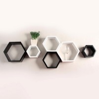 Decorasia Black & White Hexagon Shape Set Of 6 MDF Wall Shelf(Number of Shelves - 6, White, Black)   Furniture  (Decorasia)