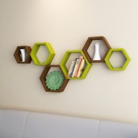 Decorasia Hexagon Shape MDF Wall Shelf(Number of Shelves - 6, Green, Brown)   Furniture  (Decorasia)