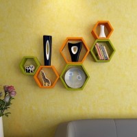 View Decorasia Hexagon Shape MDF Wall Shelf(Number of Shelves - 6, Orange, Green) Furniture (Decorasia)