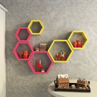 Decorasia Hexagon Shape MDF Wall Shelf(Number of Shelves - 6, Yellow, Pink)   Furniture  (Decorasia)
