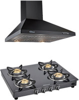 SUNFLAME Classic 4 Burner BK Gas Stove and Venza BK 60 SS BF 1100 m3/hr Combo Wall Mounted Chimney(Black 1100 CMH)