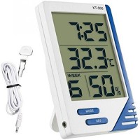 MCP Electronic Thermo Hygro Large Big Screen Indoor Outdoor Temp LCD Display Humidity Meter Tester Tool Temperature Alarm Clock Time with External Probe Sensor Digital Digital Hygrometer Maxima Minima KT-908 Thermometer(White, Blue)