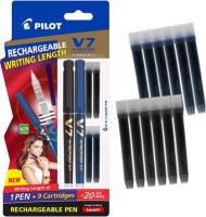 PILOT Hi-tecpoint V7 cartridge System Pen( 1 Blue, 1 Black Pen + 2 Blue, 2 Black Ink Cartridge(Blue, Black)
