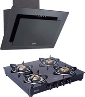 Glen Designer Kitchen Chimney 60cm Baffle Filter Push Button Control Black Glass with 4 Brass Burner Cooktop Combo ( 6079 PB 1000+1043 GT BB ) Wall Mounted Chimney(Silver, Black 1000 CMH)
