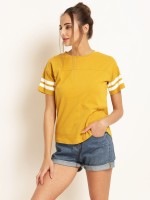 HARPA Solid, Color Block Women Round Neck Yellow T-Shirt