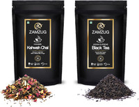 zamzug Kashmiri Kahwah Premium Green Tea, Almond, Cardamom, Clove, Cinnamon, Ginger, Rose Petal & Saffron & Assam Supreme Black Tea (Pack of 2 / 50 gram each/ 30 cup each