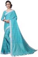 ASHVMEGH Checkered Fashion Cotton Linen Blend Saree(Light Blue)