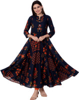 Gulmohar Jaipur Women Printed Anarkali Kurta(Blue)
