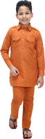 Fourfolds Boys Festive & Party Pathani Suit Set(Orange Pack of 1)