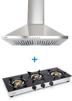 Glen Designer Chimney 6075 SS 60cm Baffle filter 750 with 3 Burner ISI LPG Gas Stove 1030 GT Junior Brass Burners Wall Mounted Chimney(BLACK 750 CMH)