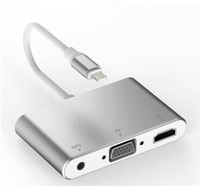 Tobo HDMI Cable 0.05 m Lightning To HDMI/VGA/Audio Adapter 3 in 1 HDTV Adapter (P-32)(Compatible with HDTV, Mobile, Computer, Silver, One Cable)