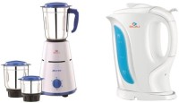 BAJAJ Pluto with 1.7 L Elctric Kettle Combo Pack 500 W Mixer Grinder with Electric Kettle (3 Jars, White, Blue)