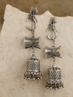 Priyaasi Oxidised Silver-Plated Devotional Om Trisul Damroo Jhumki Brass Drops & Danglers