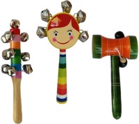 Tovick Hand painted wooden Set of 3 colorful sounding wooden baby Rattles Toys set for 3 month to 2 years old baby Rattle(Multicolor)