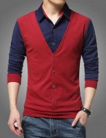 Try This Men Color Block Casual Maroon, Blue Shirt