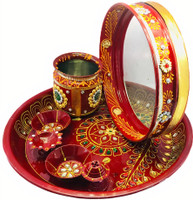 Dhandevi textiles Stainless Steel Karwa Chauth 7 Pieces Decorative Pooja Thali Set ( Red) ( Thali Size 9'') Steel(7 Pieces, Red)