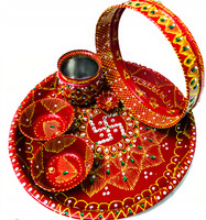 Dhandevi textiles Stainless Steel Karwa Chauth 6 Pieces Decorative Pooja Thali Set (Red) (Thali Size 11") Steel(6 Pieces, Red)