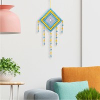 DULI Handmade Large Skyblue / Yellow Pompom Wall Art for Bedrooms, Office, Balcony,Outdoors, Garden,Home Wall Hanging Design,Brings Positive Energy Decorative Showpiece  -  49 cm(Wood, Feather, Light Blue, Yellow)