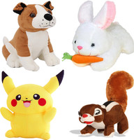 Renox Combo of 4, Bull dog, Rabbit with Carrot, Squirrel, Pikachu Plush Toy for Kids, Gift & Decoration (teddy bear) - 25 cm(Multicolor)