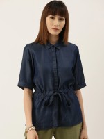 AND Casual Short Sleeve Solid Women Dark Blue Top