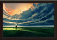 Man Holding An Umbrella Standing Alone Paper Poster Dark Brown Frame | Top Acrylic Glass 19inch x 13inch (48.3cms x 33cms) Paper Print(13 inch X 19 inch, Framed)