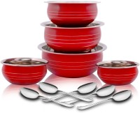 Classic Essential by Classic Essentials Stainless Steel Handi Set Color Coating Red Stainless Steel handi set of 10 piece Cookware/ Container/milk pot pan/patila/bhagona/Serving bowl/biryani cook & serve Set of 5 Pcs set, 11cm, 13cm, 14cm, 17cm, 19 cm, (300ml,500ml,650ml,1100ml,1350ml) Stainless Ste
