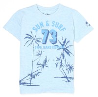 Pepe Jeans Boys Graphic Print Cotton Blend T Shirt(Light Blue, Pack of 1)