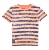Pepe Boys Striped Cotton Blend T Shirt(Orange, Pack of 1)
