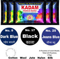 Aezzo Kadam Fabric Dye Color for Old and Faded Cloth. Black, jeans Blue, Dark Blue - Shade No. 17,25,9. (Pack of 15 Pouches.)