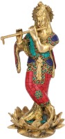ARTVARKO Brass Murti Lord Krishna Bhagwan Statue Playing Flute on Colored Lotus Turquoise Home Decor Living Pooja Room Mandir Temple Hotel Gallary Height 11 Inch Decorative Showpiece  -  27 cm(Brass, Multicolor)