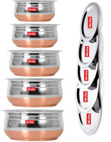Nirvika Stainless Steel Serving Bowl Stainless Steel bowl set for 5 pcs serving Handi/tableware/storage containers/bakeware/ dinner set/ kitchen set steel item for home appliances and kitchen serving cooking combo set with lid/cover/dhakkan/ storage container copper handi /URLI set fruit and salad b