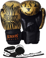 Aurion by 10Club Molded Faux Leather Boxing Gloves for Muay Thai Kickboxing MMA with Hand wrap 176" Boxing Gloves(Golden, Black)