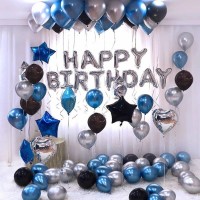 a-one suppliers Solid Happy Birthday Foil Silver Metallic Balloons Blue, Black and Silver Balloon(Silver, Black, Blue, Pack of 63)