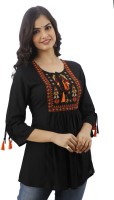 DMP FASHION Casual 3/4 Sleeve Embroidered Women Black Top