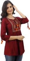 DMP FASHION Casual 3/4 Sleeve Embroidered Women Maroon Top