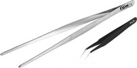 ALIS PROFESSIONAL Long Tweezers Long Straight Kitchen Tweezer with Precision Serrated Tip for Chefs | Stainless Steel Food Tweezer for Precise Plate Detailing - Durable & Sturdy (10” inch) + Free Curved Tweezer Black Glossy 25.4 cm Serving Tongs(Pack of 2)