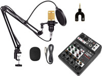 DawnRays Professional Condenser Microphone with USB Sound Mixture( 2 Phantom Power Port) Suspension Arm Stand + Shock Mount+ Pop Filter+ USB 48V Phantom Power Supply, Full Studio Microphone Set Recording, Professional Studio Mic Set Kit Pop Filter, Splitter, Mic(Multicolor)