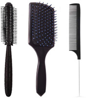 SANDIP pack of 3 hair brush-Rectangular Cushion Brush(1) & round Blow Drying Roller Hair Brush(1) & Black Carbon Rat tail , Sectioning comb with Steel Handle with Non-skid Paddle for hair styling (1)