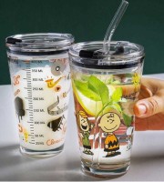 ZUVILIKA Cartoon Pattern,Creative Multipurpose Drinking Glass (pack of 2) Glass Mason Jar(450 ml, Pack of 2)