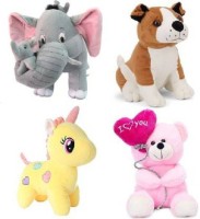 Future shop Pack Of 4 Elegant Soft Toys Combo Set Bull Dog , Pink Balloon , Yellow Unicorn , Grey Mother Elephant Special Offers Toy Animals For You - 42 cm (Multicolor)  - 42 cm(Multicolor)