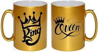 P R Production KING & QUEEN GOLDEN CUP Ceramic Coffee Mug(330 ml, Pack of 2)