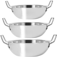RBGIIT Pack of 3 Stainless Steel 3 Pic Stainless Steel Deep Frying 22 Gauge Heavy Bottom Induction Friendly Kadai Cookware Utensils Set with Handle -Set of 3 Pieces, Silver- Heavy Bottom Hammered Cookware, Kitchen Kadhai for Cooking/Deep Frying Dinner Set(Microwave Safe)